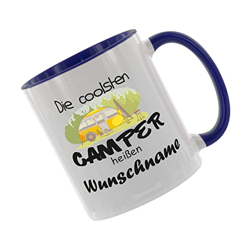 Crealuxe Kaffeetasse - Die Coolsten Camper heißen (Wunschname) - Spruchtasse, Bürotasse, bedruckte Keramiktasse, Tasse mit Spruch, Hochwertige Kaffeetasse, Tasse personalisiert (Blau) von Crealuxe