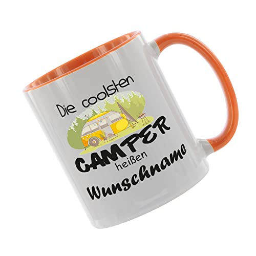 Crealuxe Kaffeetasse - Die Coolsten Camper heißen (Wunschname) - Spruchtasse, Bürotasse, bedruckte Keramiktasse, Tasse mit Spruch, Hochwertige Kaffeetasse, Tasse personalisiert (Orange) von Crealuxe