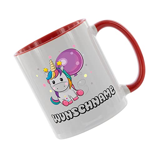 (Wunschname) Einhorn - Kaffeetasse mit Motiv, Tasse mit Druck, auch individuell mit Spruch, Foto, Wunschtext, Wunschname (Rot) von Crealuxe