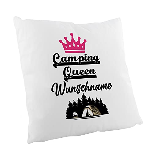 Crealuxe Camping Queen Wunschname Flauschiges Zierkissen, Sofakissen, bedrucktes Kissen, Baumwollkissen von Crealuxe