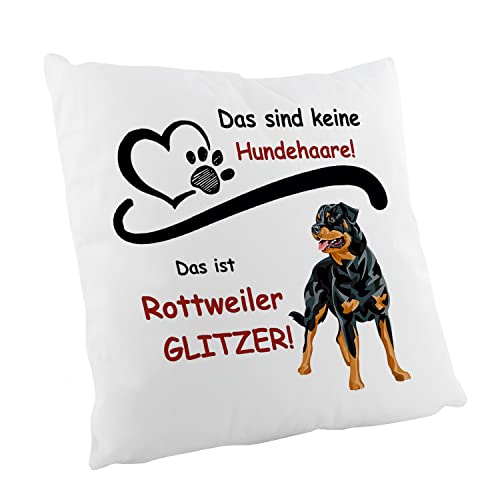 Crealuxe Flauschiges Kissen Das sind Keine Hundehaare - das ist Rottweiler-Glitzer Zierkissen, Sofakissen, bedrucktes Kissen, Baumwollkissen von Crealuxe