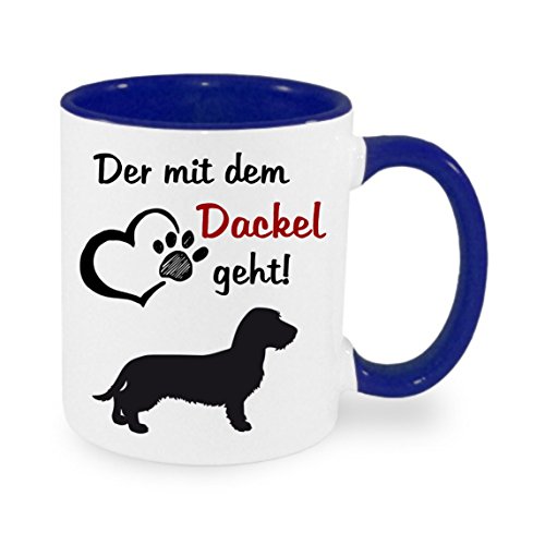 Der mit dem Dackel geht - Kaffeetasse mit Motiv, Tasse mit Druck, auch individuell mit Spruch, Foto, Wunschtext, Wunschname (blau) von Crealuxe