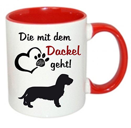 " Die mit dem Dackel geht " - Kaffeetasse mit Motiv, Tasse mit Druck, auch individuell mit Spruch, Foto, Wunschtext, Wunschname (rot) von Crealuxe