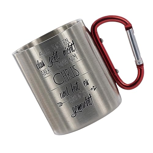 Crealuxe Edelstahltasse mit Karabiner - Alle sagten, dass geht nicht. Und dann kam Wunschname und hat es einfach gemacht - Tasse personalisiert, Kaffeetasse, Bürotasse, Metalltasse mit Name von Crealuxe