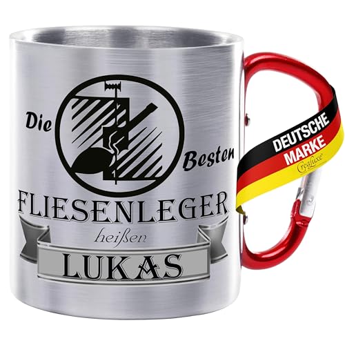 Crealuxe Edelstahltasse mit Karabiner 'Die Besten Fliesenleger heißen Wunschname' Tasse personalisiert, Kaffeetasse, Bürotasse, Metalltasse mit Name von Crealuxe
