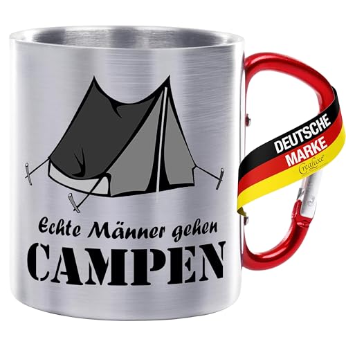 Crealuxe Edelstahltasse mit Karabiner - Echte Männer gehen campen - 330ml, Tasse bedruckt, Kaffeetasse, Bürotasse, Metalltasse mit Name von Crealuxe
