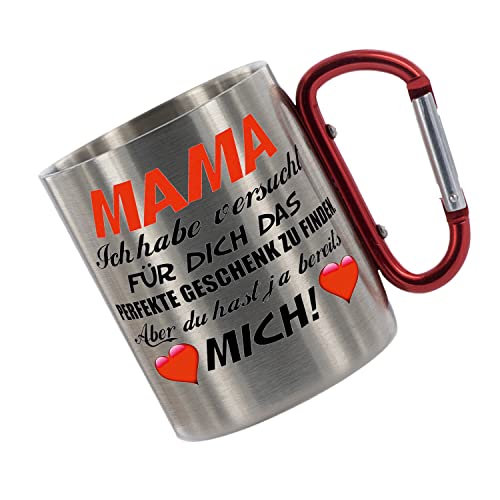 Crealuxe Edelstahltasse mit Karabiner 'Mama - ich habe versucht für dich' Tasse personalisiert, Kaffeetasse, Bürotasse, Metalltasse mit Name von Crealuxe