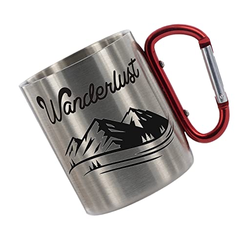 Crealuxe Edelstahltasse mit Karabiner 'Wanderlust' Tasse personalisiert, Kaffeetasse, Bürotasse, Metalltasse mit Name von Crealuxe