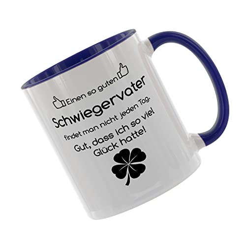 Crealuxe Kaffeetasse 'Einen so guten Schwiegervater findet man nicht alle Tage, Gut das ich so viel Glück hatte' bedruckt, Spruchtasse, hochwertige Keramiktasse (Blau) von Crealuxe