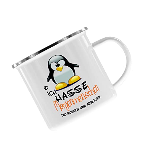 Crealuxe Emaille Tasse Ich hasse Morgenmenschen und Morgen und Menschen - Kaffeetasse mit Motiv, Campingtasse, bedruckte Emailletasse mit Wunschtext von Crealuxe