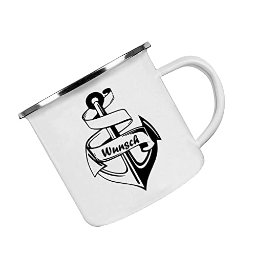 Crealuxe Emaille Tasse Anker mit Wunschname - Kaffeetasse mit Motiv, Campingtasse, bedruckte Emailletasse mit Wunschtext, Wunschname, Spruch oder Bildern von Crealuxe