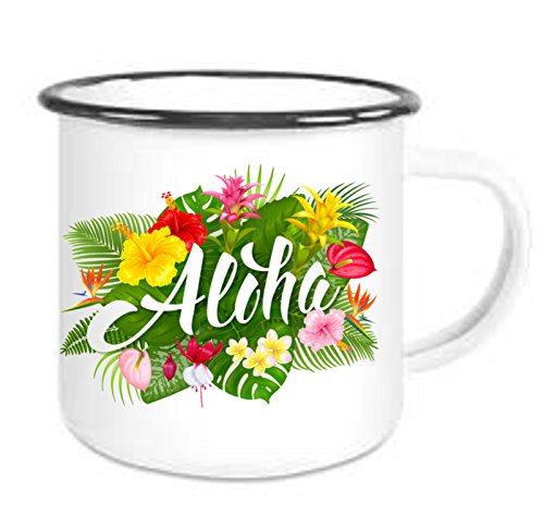 CreaLuxe Emaille Tasse " Vintage Nostalgie Aloha " - Kaffeetasse mit Motiv, Campingtasse, bedruckte Emailletasse mit Wunschtext von Crealuxe