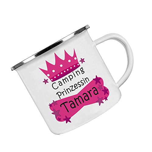 Crealuxe Emaille Tasse personalisiert 'Camping Prinzessin', Becher mit Name und Spruch, Camping Tasse, Geschenk für Kinder Crealuxe Emaille Tasse personalisiert 'Camping Prinzessin', Becher mit Name und Spruch, Camping Tasse, Geschenk für Kinder von Crealuxe
