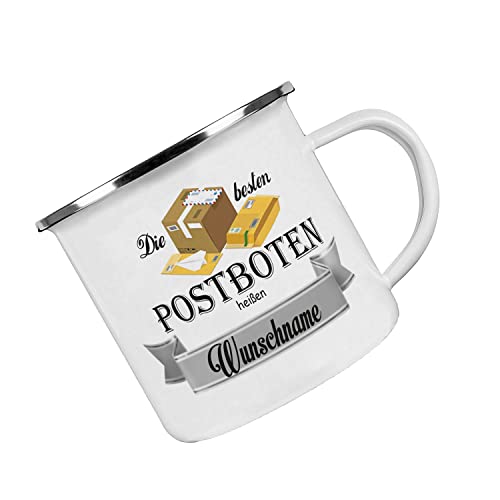 Crealuxe Emaille Tasse - Die besten Postboten heißen (Wunschname) - Kaffeetasse mit Motiv, Campingtasse, bedruckte Emailletasse mit Wunschtext, Wunschname, Spruch oder Bildern von Crealuxe
