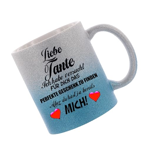 Crealuxe Farbverlauf-Glitzertasse (silber-blau) Liebe Tante ich habe versucht für dich das perfekte Geschenk.. - Glitzertasse mit Farbverlauf - Kaffeetasse von Crealuxe