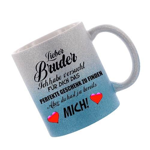 Crealuxe Farbverlauf-Glitzertasse (silber-blau) Lieber Bruder ich habe versucht für dich das perfekte Geschenk.. - Glitzertasse mit Farbverlauf - Kaffeetasse von Crealuxe