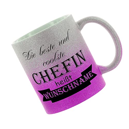Crealuxe Farbverlauf-Glitzertasse (silber-purple) Die beste und coolste Chefin heißt Wunschname - Glitzertasse mit Farbverlauf - Kaffeetasse von Crealuxe
