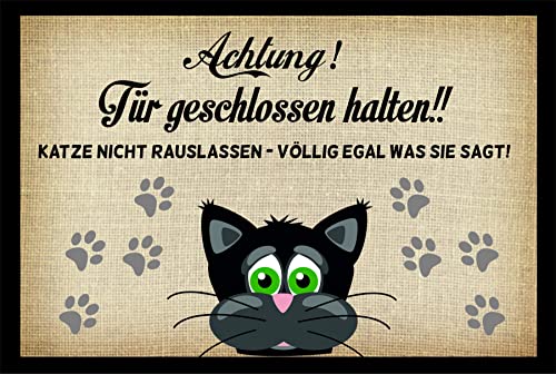 Crealuxe Fussmatte – “ Achtung Tür geschlossen halten – Katze… “ - 60x40 cm - Gummi Rückseite/rutschfest - Filzoberfläche - Bedruckte Türmatte - Innenmatte - Schmutzmatte von Crealuxe