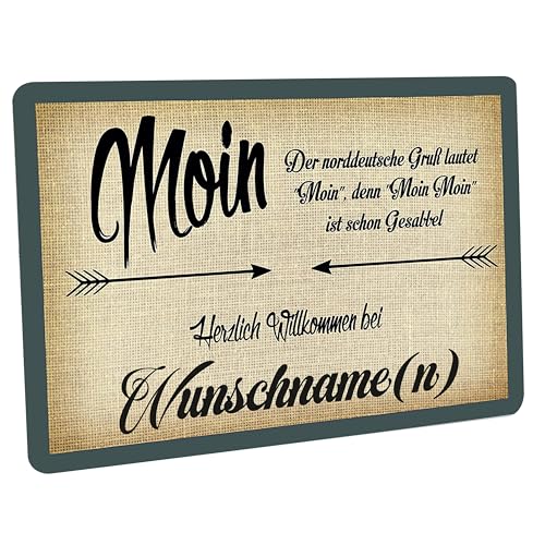 Crealuxe Fussmatte mit Wunschtext/Wunschname Der norddeutsche Gruß lautet Moin, denn Moin Moin ist Schon gesabbelt. - Herzlich Willkommen bei ... - 60x40 cm - Gummi Rückseite/rutschfest von Crealuxe