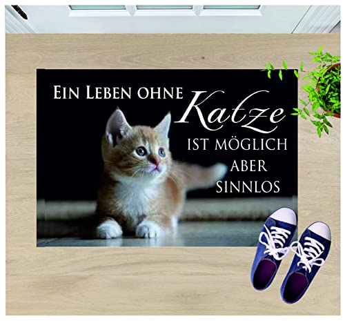 Crealuxe Fussmatte mit Wunschtext/Wunschname EIN Leben ohne Katze - 60x40 cm - Gummi Rückseite/rutschfest - Filzoberfläche - Bedruckte Türmatte - Innenmatte - Schmutzmatte von Crealuxe