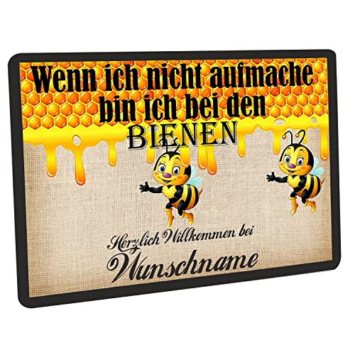 Crealuxe Fussmatte mit Wunschtext/Wunschname Wenn ich Nicht aufmache - Bienen - 60x40 cm - Gummi Rückseite/rutschfest - Filzoberfläche - Bedruckte Türmatte - Innenmatte - Schmutzmatte von Crealuxe