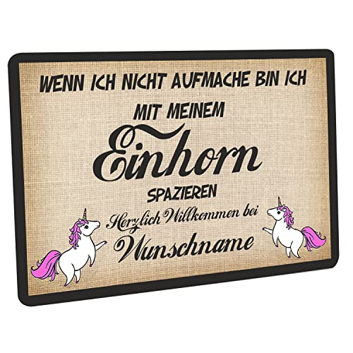 Crealuxe Fussmatte mit Wunschtext/Wunschname Wenn ich Nicht aufmache - Einhorn spazieren - 60x40 cm - Gummi Rückseite/rutschfest - Filzoberfläche - Bedruckte Türmatte - Innenmatte von Crealuxe