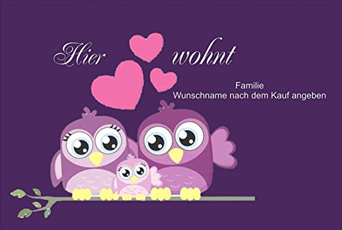 Crealuxe Fussmatte mit Wunschtext/Wunschname Hier wohnt Familie - Motiv Lila Eulen - 60x40 cm - Gummi Rückseite/rutschfest - Filzoberfläche - Bedruckte Türmatte - Innenmatte von Crealuxe