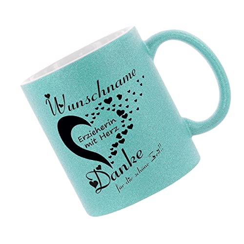 Glitzertasse (Hellblau) (Wunschname) Erzieherin mit Herz - Danke... - Kaffeetasse, bedruckte Tasse mit Sprüchen oder Bildern, Bürotasse, von Crealuxe