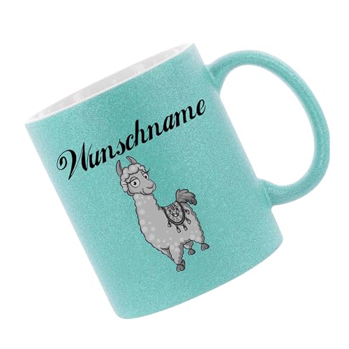 Glitzertasse (Hellblau) Alpaka Motiv (Wunschname) - Kaffeetasse, bedruckte Tasse mit Sprüchen oder Bildern, Bürotasse, von Crealuxe