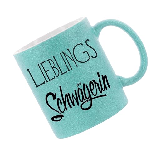 Crealuxe Glitzertasse (Hellblau/Türkis) 'Lieblingsschwägerin' personalisiert, Kaffeetasse, Bürotasse, Tasse mit Glitzer, Geschenkidee von Crealuxe