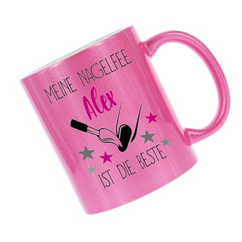 Crealuxe Glitzertasse (Perlmutteffekt) 'Meine Nagelfee Wunschname ist die Beste' personalisiert, Kaffeetasse, Bürotasse, Tasse mit Glitzer, Geschenkidee von Crealuxe