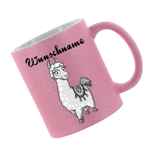 Crealuxe Glitzertasse Pink 'Alpaka Motiv (Wunschname)' personalisiert, Kaffeetasse, Bürotasse von Crealuxe
