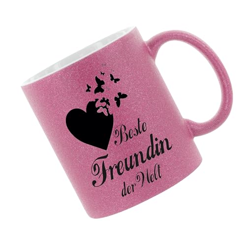 Crealuxe Glitzertasse (Pink/Rosa) 'Beste Freundin der Welt' personalisiert, Kaffeetasse, Bürotasse, Tasse mit Glitzer, Geschenkidee von Crealuxe