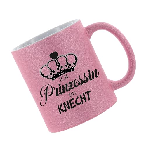 Crealuxe Glitzertasse (Pink) 'Ich Prinzessin du Knecht' bedruckt, Kaffeetasse, Bürotasse von Crealuxe
