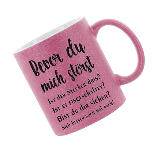 Crealuxe Glitzertasse (Pink/Rosa) 'Bevor du mich störst' personalisiert, Kaffeetasse, Bürotasse, Tasse mit Glitzer, Geschenkidee von Crealuxe