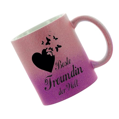 Crealuxe Glitzertasse (Pink-Purple) 'Beste Freundin der Welt' personalisiert, Kaffeetasse, Bürotasse, Tasse mit Glitzer, Geschenkidee von Crealuxe