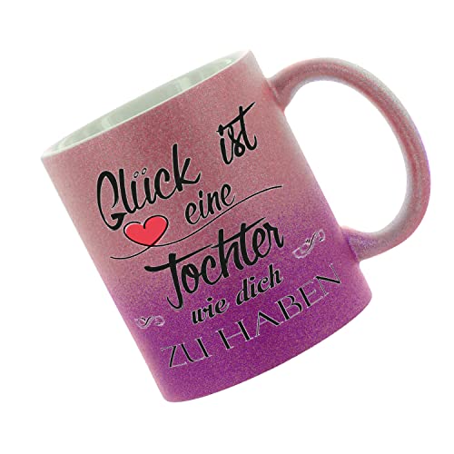 Crealuxe Glitzertasse (Pink-Purple) 'Glück ist eine Tochter wie dich zu haben' personaliert, Kaffeetasse, Bürotasse von Crealuxe