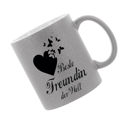 Crealuxe Glitzertasse (Silber) 'Beste Freundin der Welt' personalisiert, Kaffeetasse, Bürotasse, Tasse mit Glitzer, Geschenkidee von Crealuxe