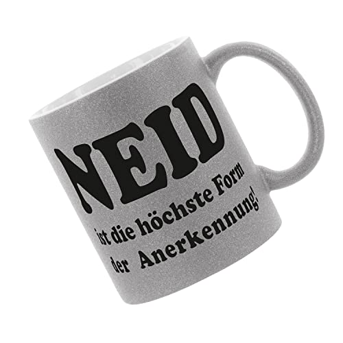 Crealuxe Glitzertasse (Silber) 'Neid ist die höchste Form der Anerkennung' personaliert, Kaffeetasse, Bürotasse von Crealuxe