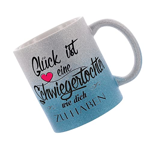 Crealuxe Glitzertasse (Silber-Blau) 'Glück ist eine Schwiegertochter wie dich zu haben' personaliert, Kaffeetasse, Bürotasse von Crealuxe