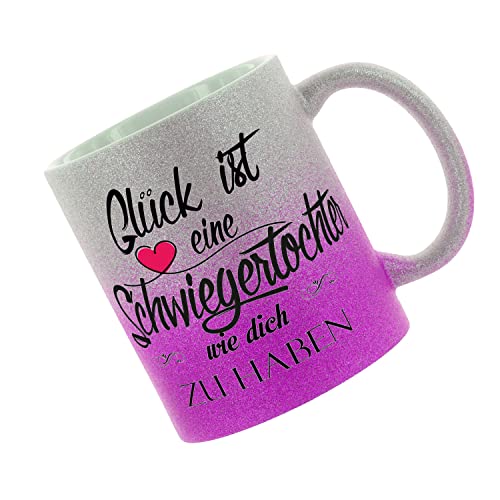 Crealuxe Glitzertasse (Silber-Purple) 'Glück ist eine Schwiegertochter wie dich zu haben' personaliert, Kaffeetasse, Bürotasse von Crealuxe