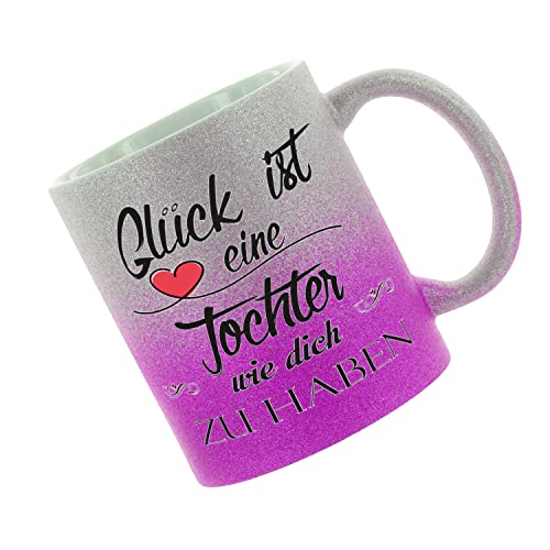 Crealuxe Glitzertasse (Silber-Purple) 'Glück ist eine Tochter wie dich zu haben' personaliert, Kaffeetasse, Bürotasse von Crealuxe