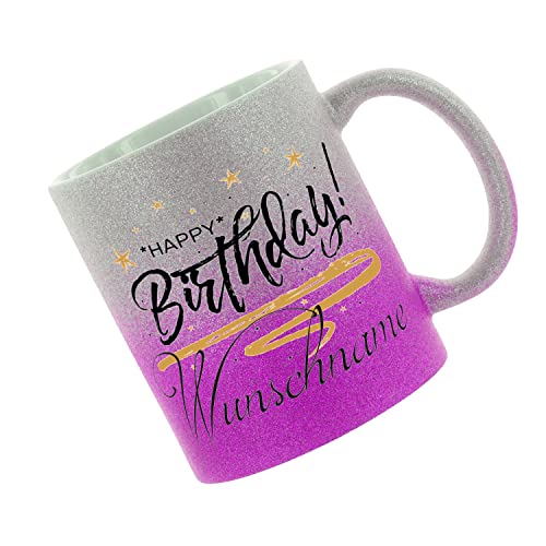 Crealuxe Glitzertasse (Silber-Purple) 'Happy Birthday Wunschname' personaliert, Kaffeetasse, Bürotasse von Crealuxe