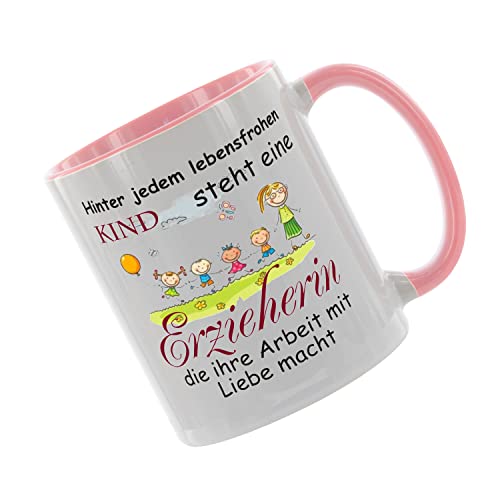 Crealuxe Kaffeetasse 'Hinter jedem lebensfrohen Kind steht eine Erzieherin die ihre Arbeit mit Liebe macht' bedruckt, Spruchtasse, Abschieds - Geschenk Kita Kindergarten (Rosa) von Crealuxe