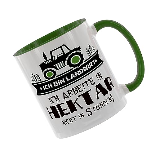 Crealuxe Kaffeetasse 'Ich bin Landwirt und arbeite in Hektar' bedruckt, Spruchtasse, hochwertige Keramiktasse (Grün) von Crealuxe