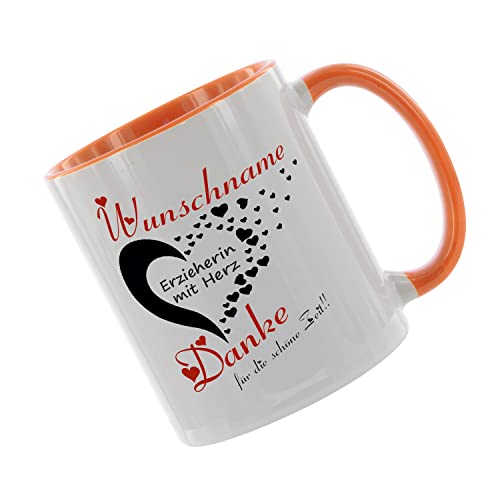 Crealuxe Kaffeetasse - (Wunschname) Erzieherin mit Herz - danke für die schöne Zeit - Bürotasse, bedruckte Keramiktasse, Tasse mit Spruch, Hochwertige Kaffeetasse, personalisiert (Orange) von Crealuxe