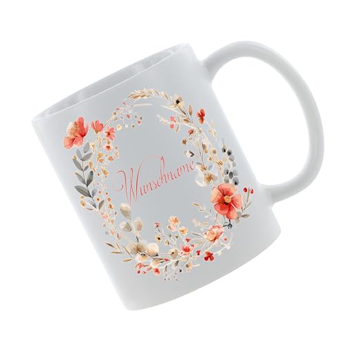 Crealuxe Kaffeetasse - Blumenkranz 4 Wunschname - Spruchtasse, Bürotasse, bedruckte Keramiktasse, Hochwertige Kaffeetasse, Tasse personalisiert mit Name/Spruch (Weiß) von Crealuxe