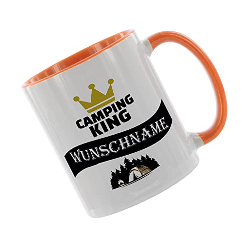 Crealuxe Kaffeetasse - Camping - King (Wunschname) -Spruchtasse, Bürotasse, bedruckte Keramiktasse, Tasse mit Spruch, Hochwertige Kaffeetasse (Orange) von Crealuxe