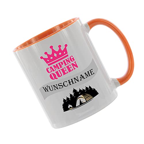 Crealuxe Kaffeetasse - Camping - Queen (Wunschname) -Spruchtasse, Bürotasse, bedruckte Keramiktasse, Tasse mit Spruch, Hochwertige Kaffeetasse (Orange) von Crealuxe