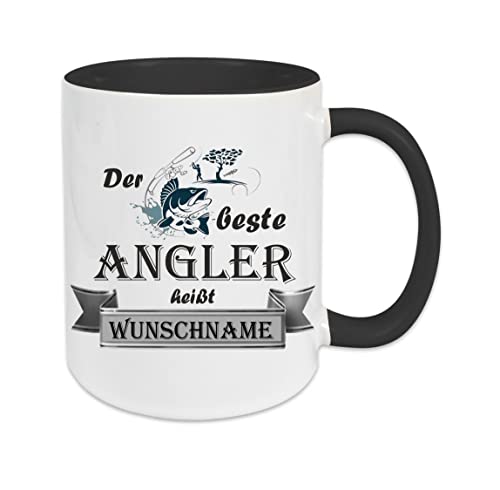 Crealuxe Kaffeetasse - Der Beste Angler heißt (Wunschname) - Spruchtasse, Bürotasse, bedruckte Keramiktasse, Tasse mit Spruch, Hochwertige Kaffeetasse, Tasse personalisiert (Schwarz) von Crealuxe